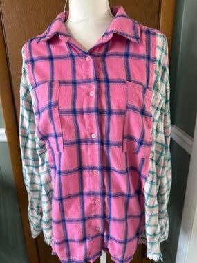BiBi Pink Plaid Shirt with Blue and Green Accents Size L